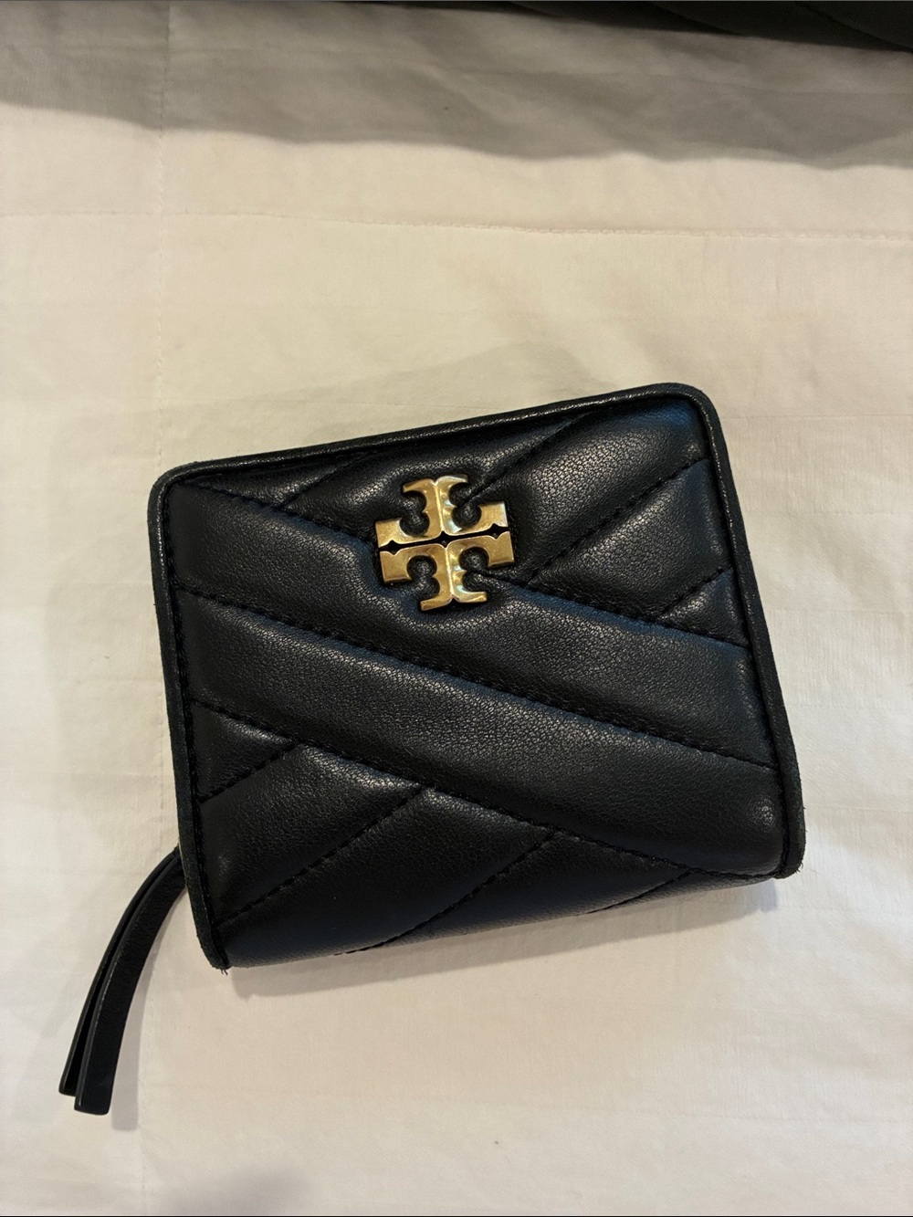 Tory Burch Black Quilted Leather Zip-Around Wallet with Gold Logo Emblem NWOT